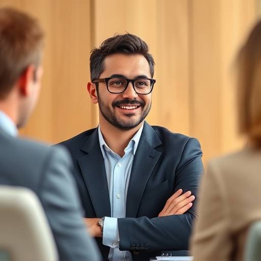 Een consultant coacht een kandidaat tijdens een oefensollicitatiegesprek. De kandidaat oogt zelfverzekerd en de consultant geeft positieve feedback.