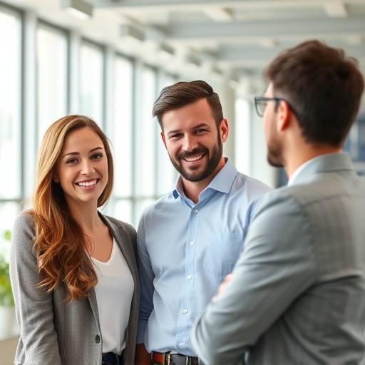 Een foto van het team van Interview Meester, lachend en professioneel, in een moderne kantooromgeving.