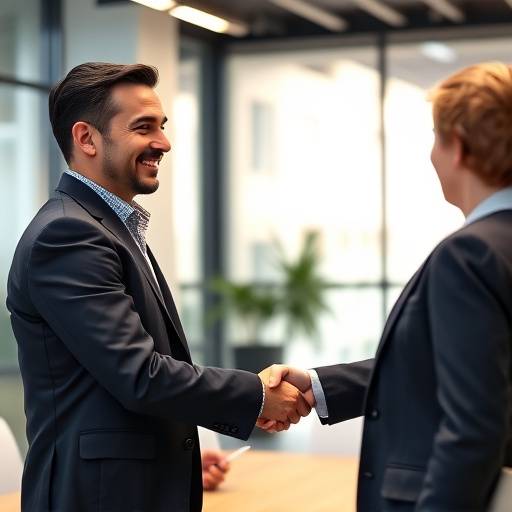 Een kandidaat schudt succesvol de hand van een interviewer, beide lachend en zelfverzekerd, in een moderne kantooromgeving.